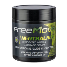 Load image into Gallery viewer, A black plastic jar of FreeMove Neutral Rub Massage Cream with a black lid, featuring a black label with green and white text and graphics, on a plain white background.
